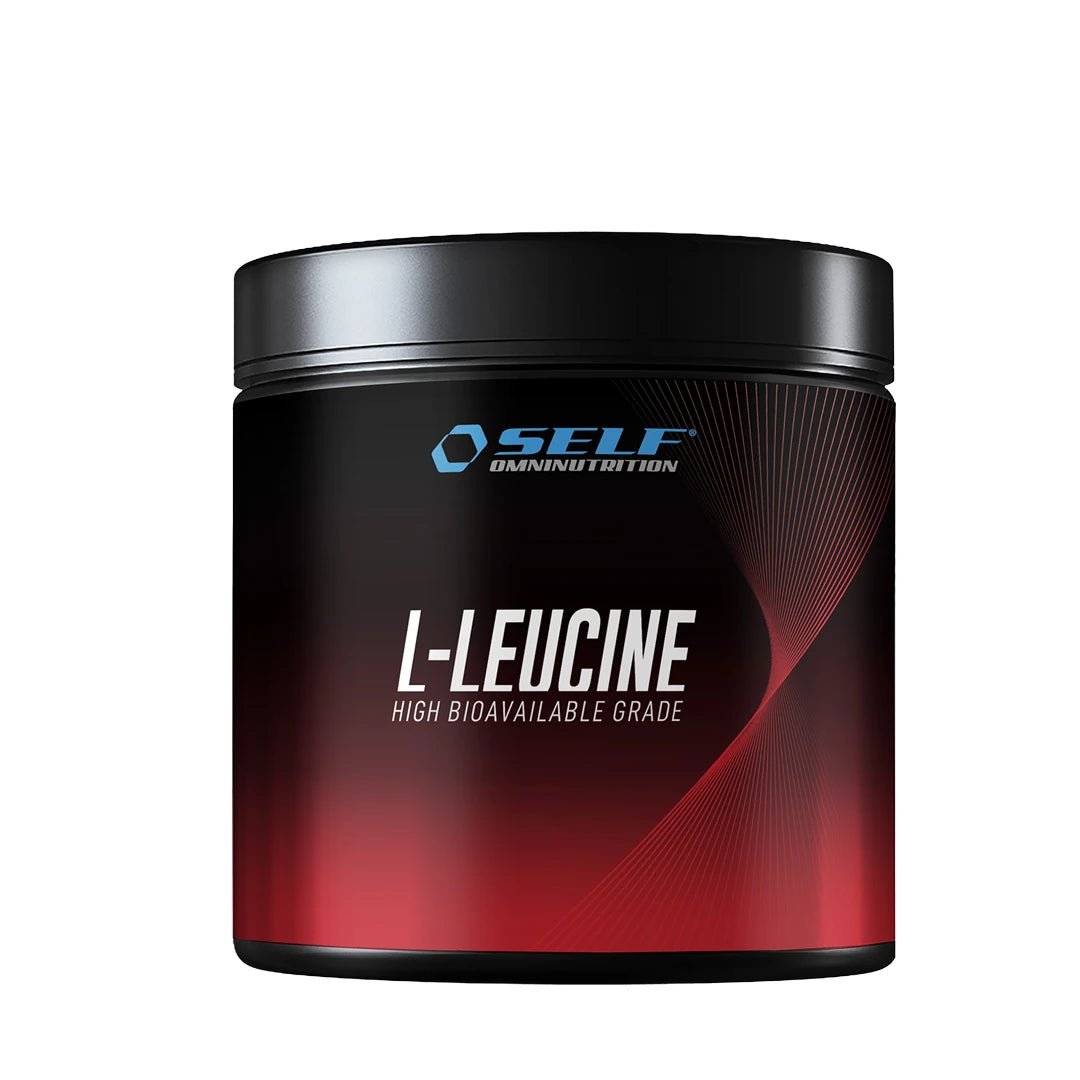 Self Omninutrition Leucine 200 g, ett smakfritt L-leucin-kosttillskott förpackat i en svart burk med röda detaljer., bild 1 av 1