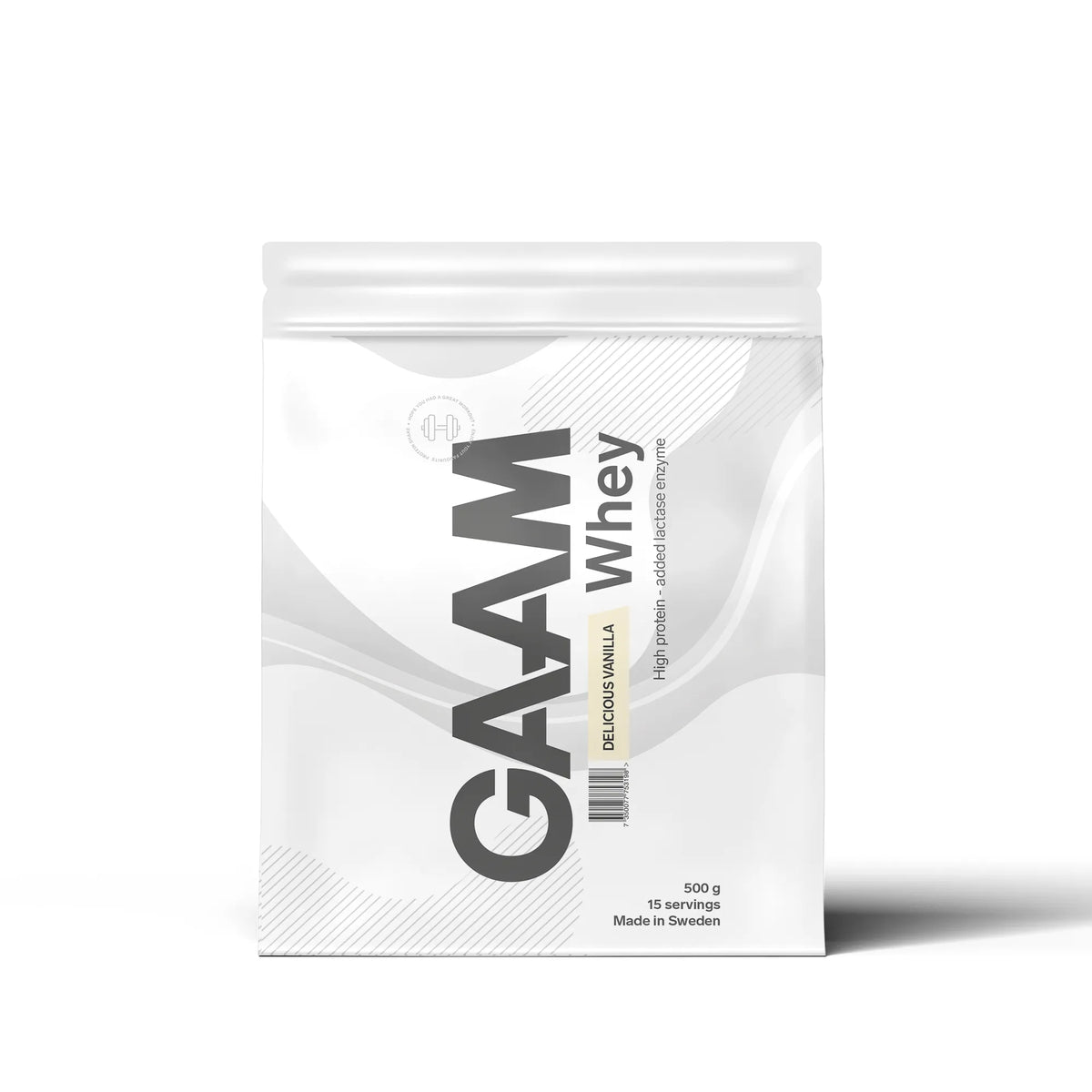 GAAM Whey 500 g proteinpulver i en vit och grå påse för smaken Delicious Vanilla., bild 1 av 2