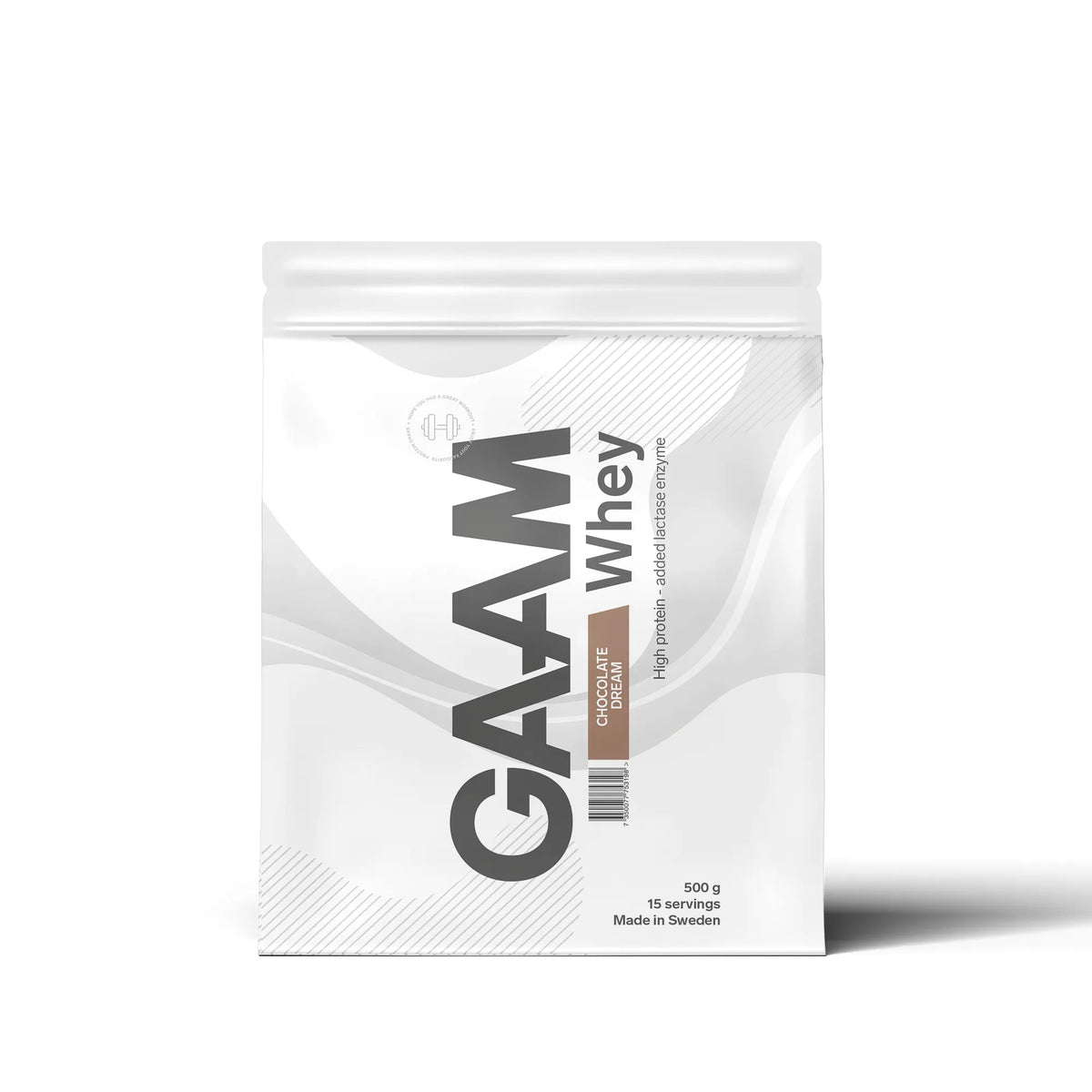 GAAM Whey 500 g proteinpulver i en vit påse med grå och bruna detaljer för smaken Chocolate Dream.