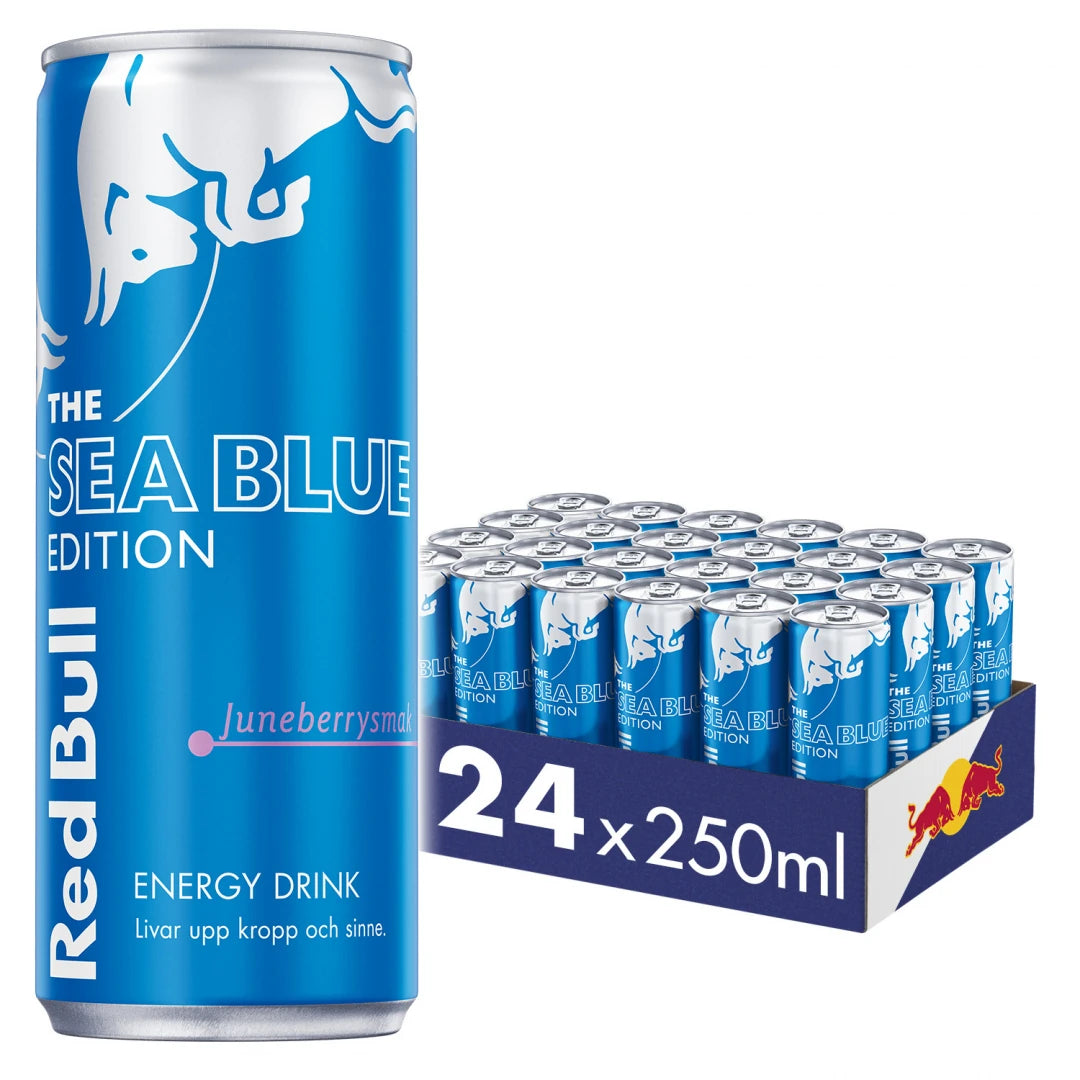 24 x Red Bull Energidryck 250 ml Sea Blue Edition - Juneberry i ett flak med matchande klarblå och silvriga burkar., bild 1 av 1
