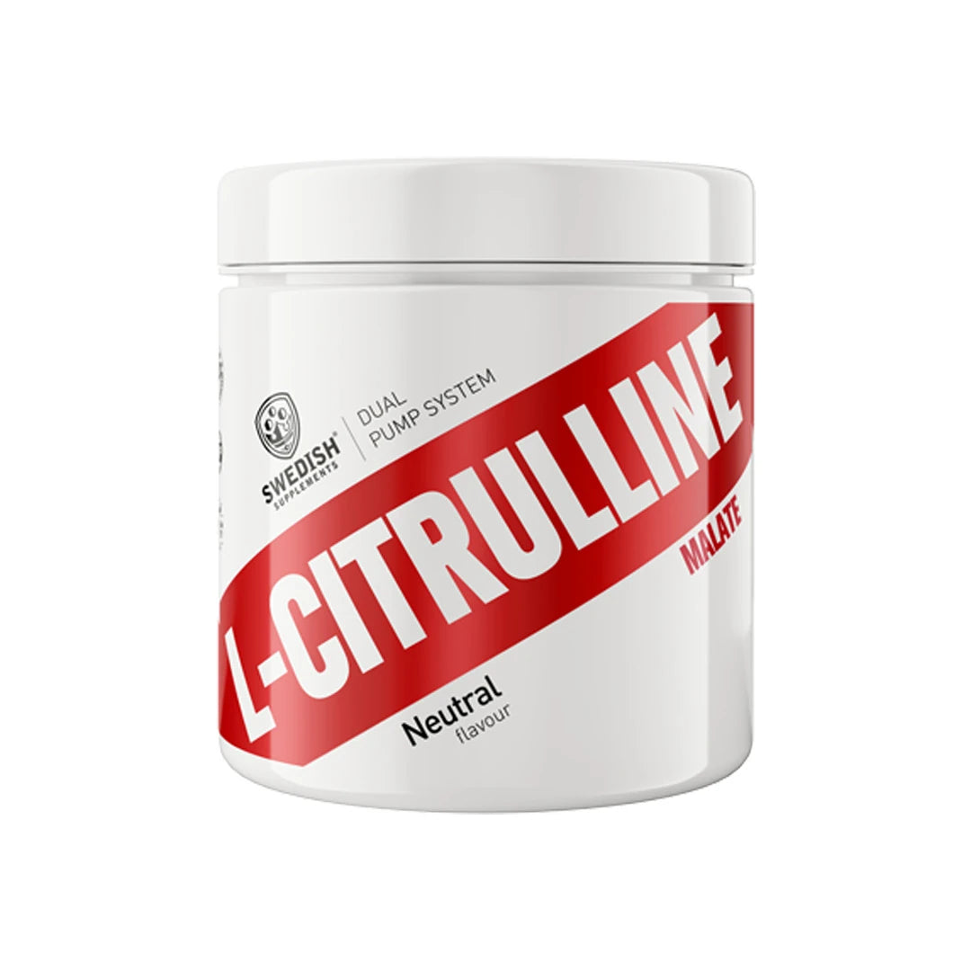 Swedish Supplements Citrulline Malate 250 g smakfritt aminosyrapulver i en vit burk med rött band., bild 1 av 1