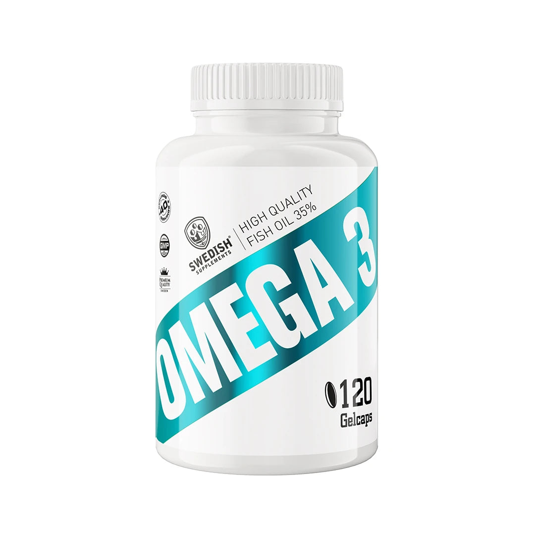 En vit burk med turkos text för Swedish Supplements Omega 3 120 caps kosttillskott med fiskolja., bild 1 av 1