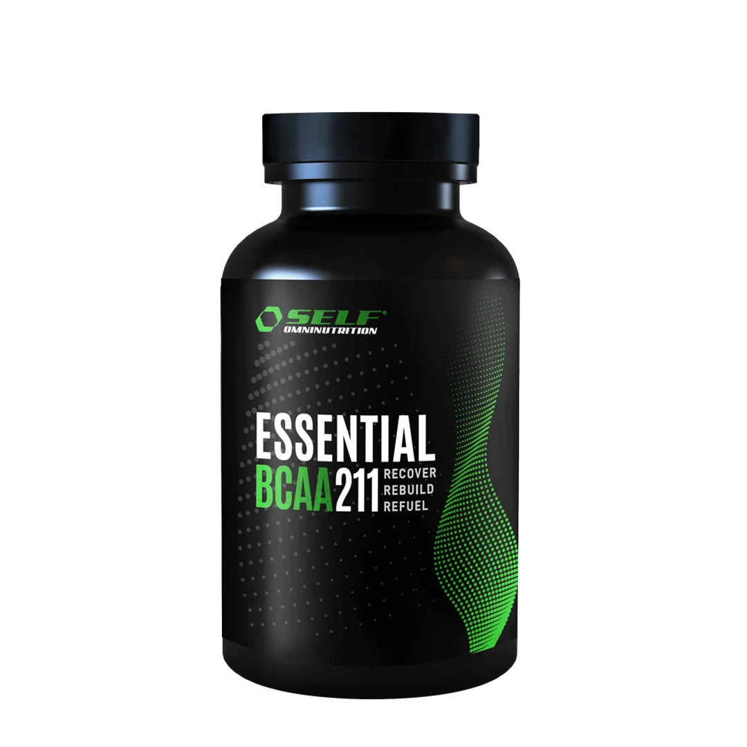Self Omninutrition Essential BCAA 211 100 tabs förpackad i en svart burk med gröna grafiska detaljer., bild 1 av 1