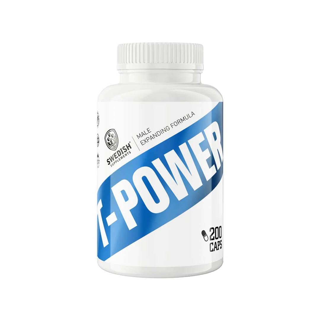 En vit burk med blå text för testo-boostern Swedish Supplements T-Power 200 caps., bild 1 av 1