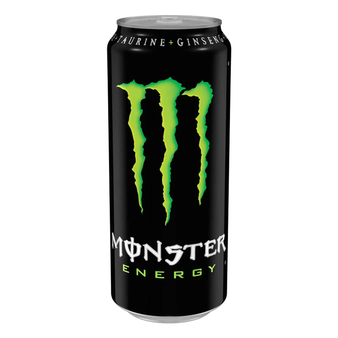 Monster Energy 500 ml kolsyrad dryck i en svart burk med grön logotyp för smaken Original.
