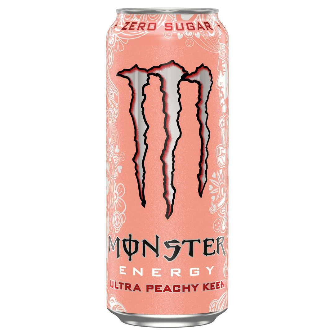 Monster Energy 500 ml energidryck i en persikofärgad burk med silvriga detaljer för smaken Ultra Peachy Keen., bild 9 av 20
