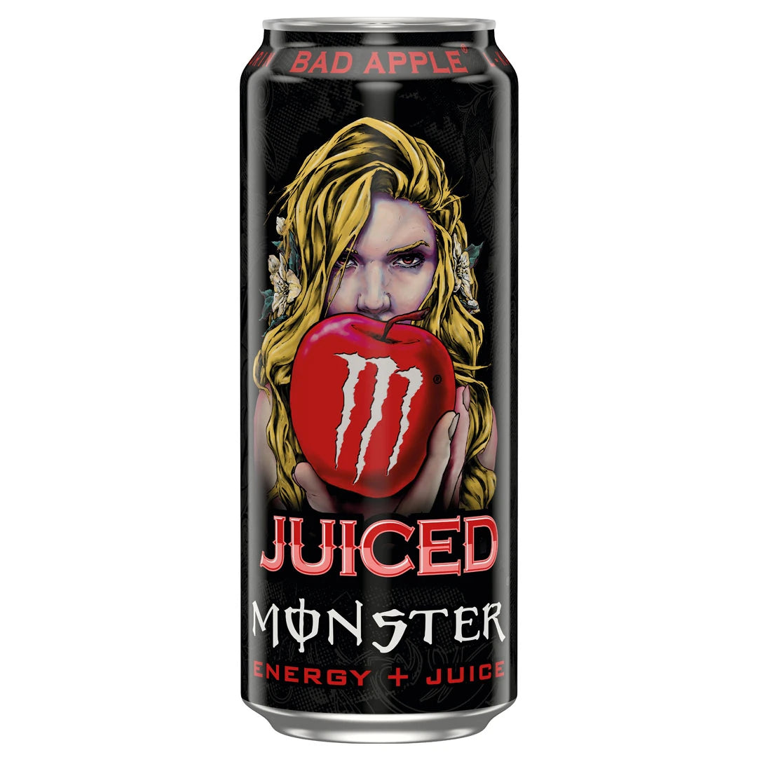 Monster Energy 500 ml i en svart burk med motiv av en kvinna och ett rött äpple för smaken Juiced Bad Apple., bild 10 av 20