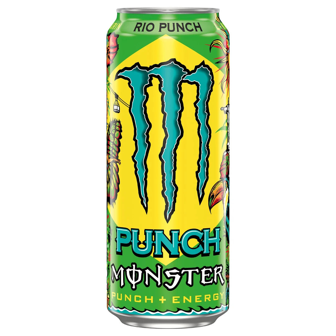 Monster Energy 500 ml kolsyrad dryck i en gul och grön burk för smaken Juiced Rio Punch., bild 13 av 20