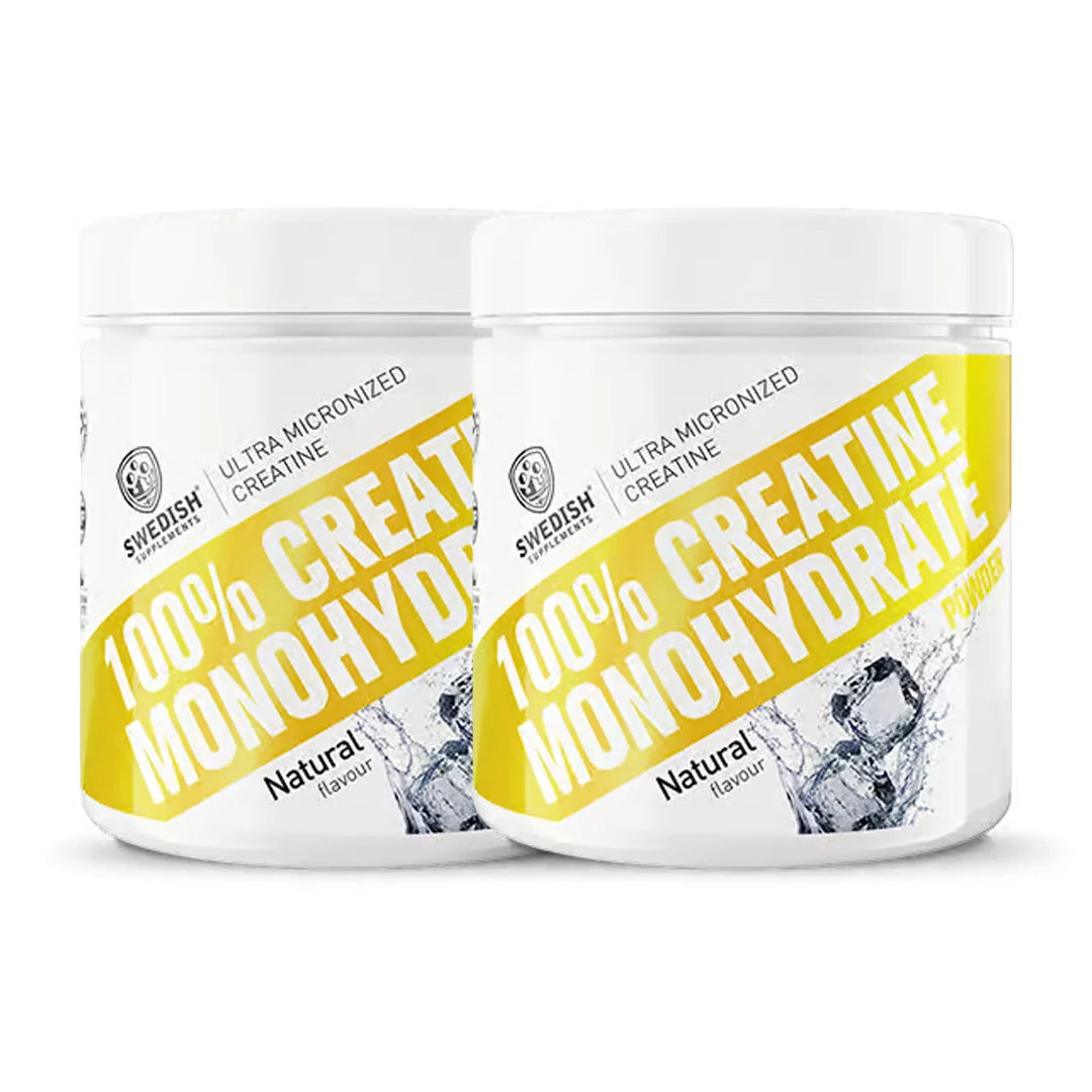 2 x Swedish Supplements Creatine Monohydrate 250 g i två vita burkar med gula detaljer i smaken Natural.
