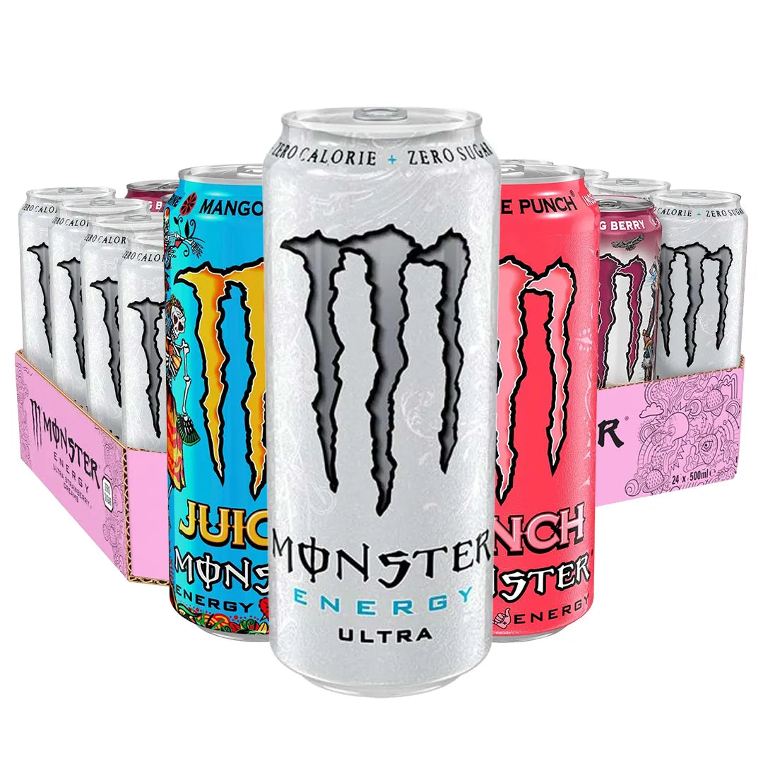 24 x Monster Energy 500 ml Mixflak med flera olika färgglada energidrycksburkar i en lila kartong., bild 1 av 1