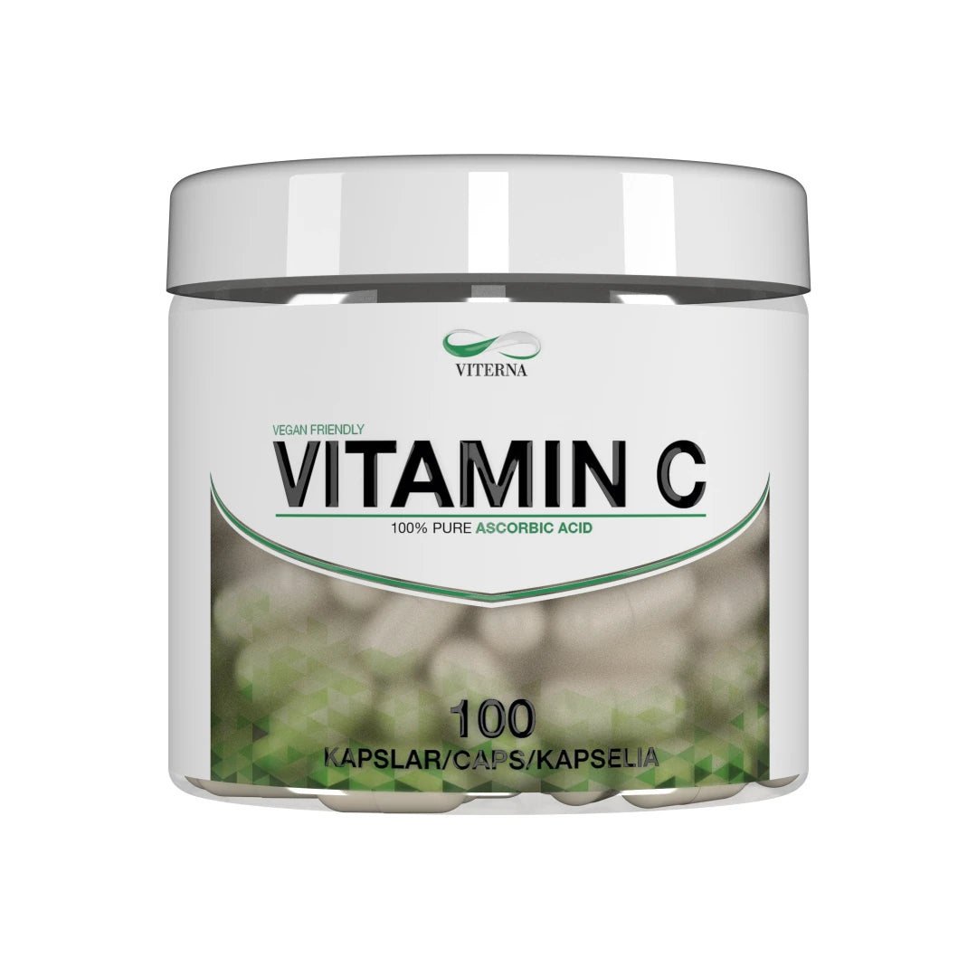Viterna Vitamin C 100 caps, ett veganskt kosttillskott i en vit plastburk med gröna detaljer., bild 1 av 1