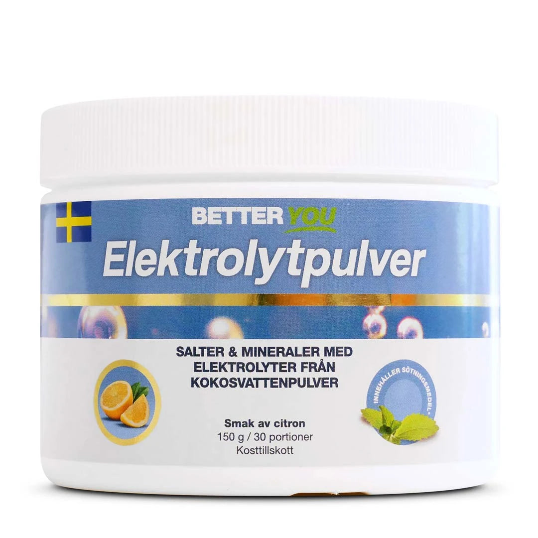 Better You Elektrolytpulver 150 g i en vit burk med blå etikett för smaken Citron.