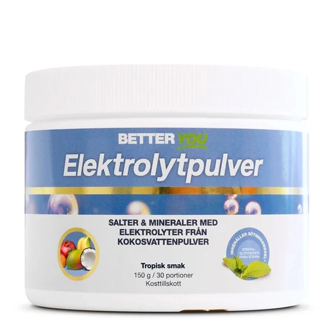 Better You Elektrolytpulver 150 g i en vit burk med blå etikett för smaken Tropisk., bild 2 av 3