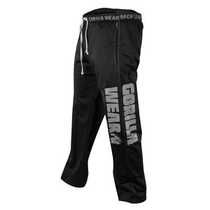 Svarta Gorilla Wear Logo Mesh Pants, träningsbyxor med resårmidja, dragsko och stor logga på benet., bild 1 av 4