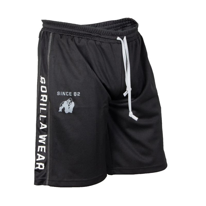 Gorilla Wear Functional Mesh Shorts Svart/Vit är svarta träningsshorts i mesh med vit dragsko och logotyp., bild 3 av 4