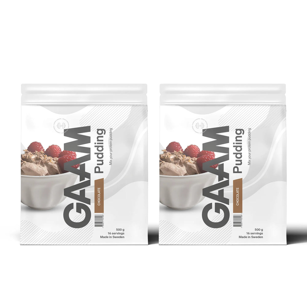 2 x GAAM Pudding 500 g proteinpudding i två vita påsar med bruna detaljer för smaken choklad., bild 1 av 1