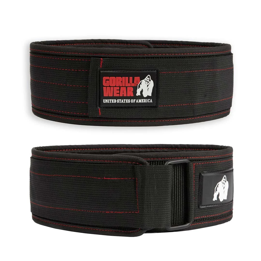 Gorilla Wear 4 Inch Nylon Belt Black/Red är ett svart träningsbälte i nylon med röda sömmar, visat från två vinklar.