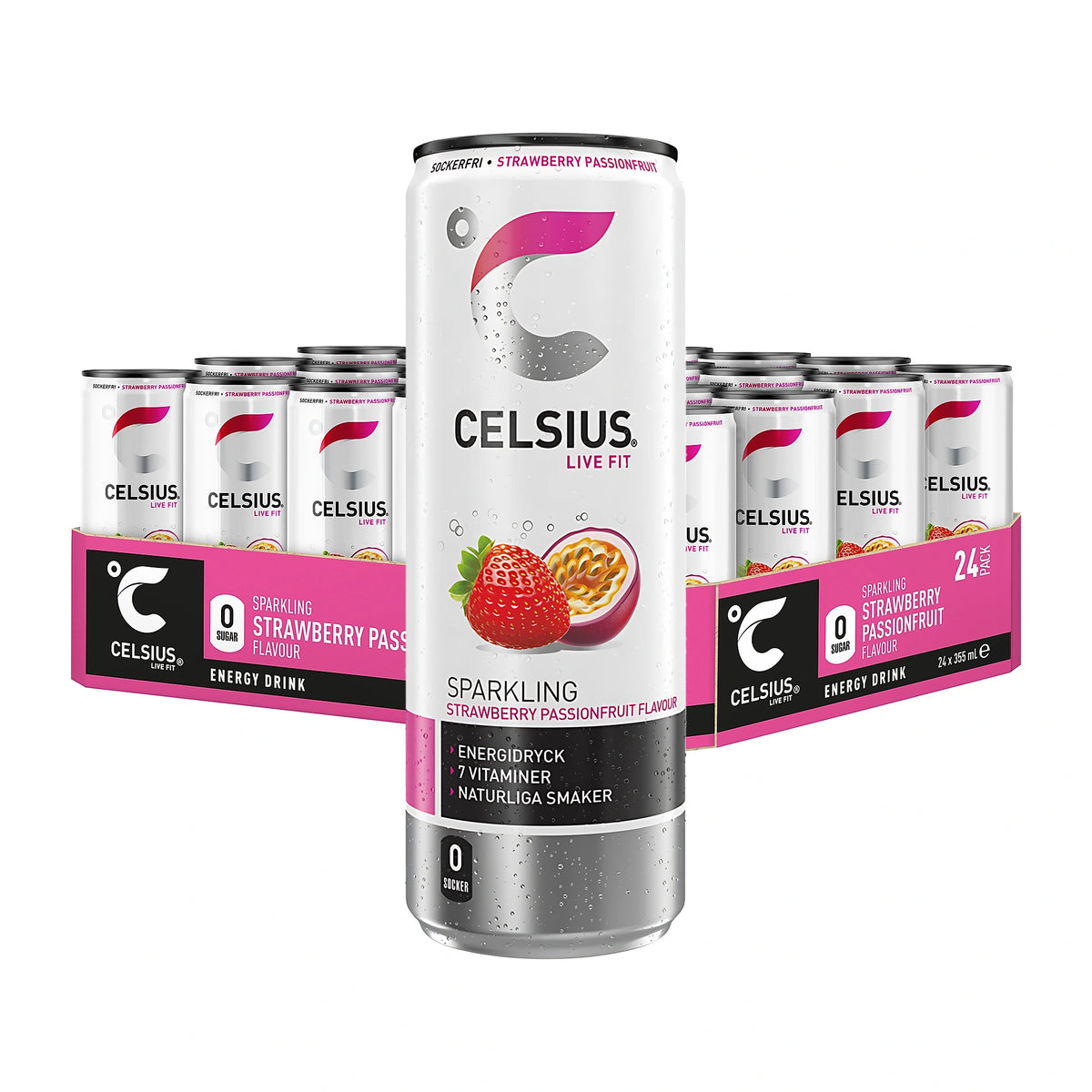 24 x Celsius 355 ml Strawberry Passionfruit i ett rosa flak med matchande vita burkar och rosa fruktdetaljer.
