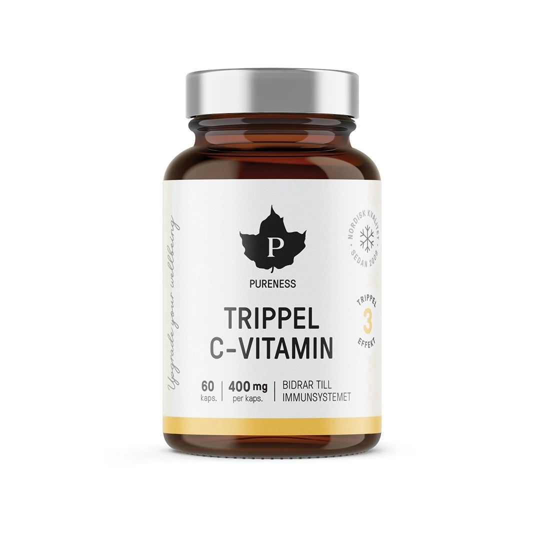 Mörkbrun burk med silverlock innehållande Pureness Trippel C-vitamin 60 caps, med en vit etikett och svarta samt gula detaljer., bild 1 av 1