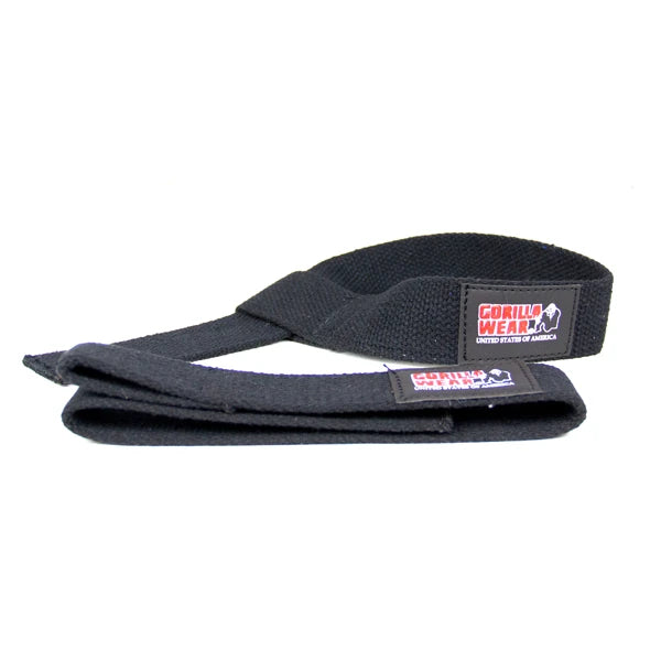 Svarta Gorilla Wear Lifting Straps i bomull och neopren med röd logotyp för tunga lyft., bild 1 av 1