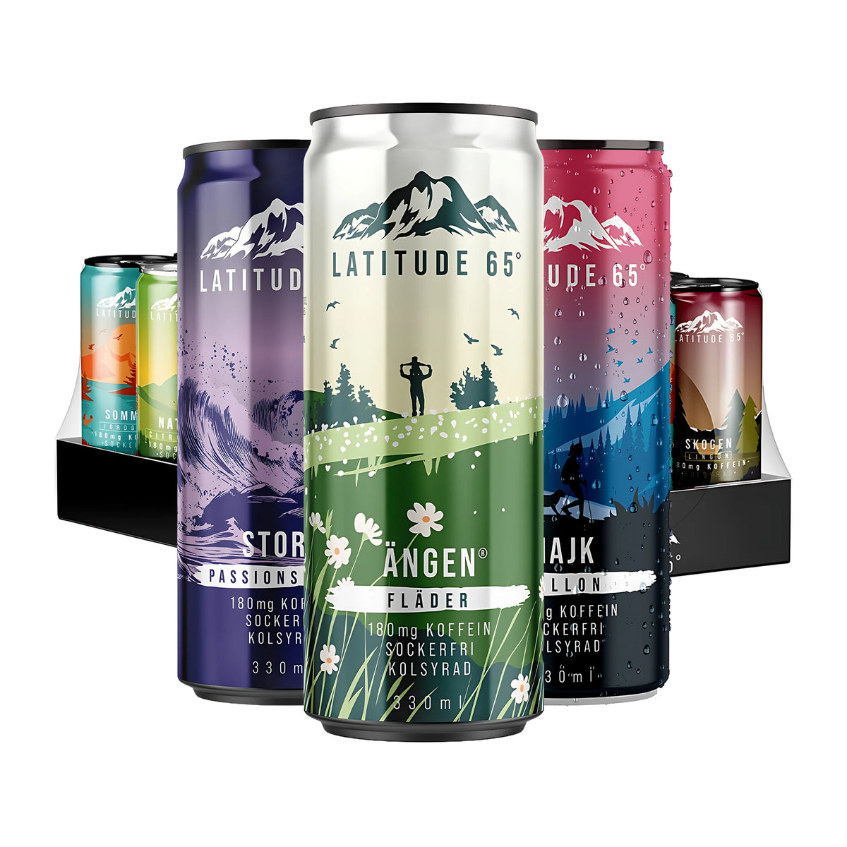 24 x Latitude 65 330 ml Mixflak med blandade kolsyrade drycker i färgglada 330 ml-burkar mot en vit bakgrund.