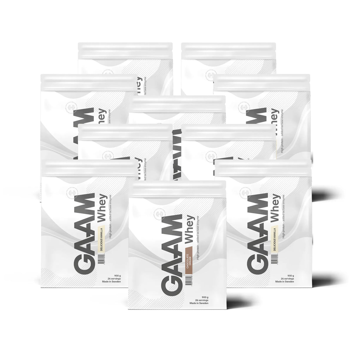 10 x GAAM Whey 900 g proteinpulver i tio vita påsar med gråa detaljer för blandade smaker., bild 1 av 1