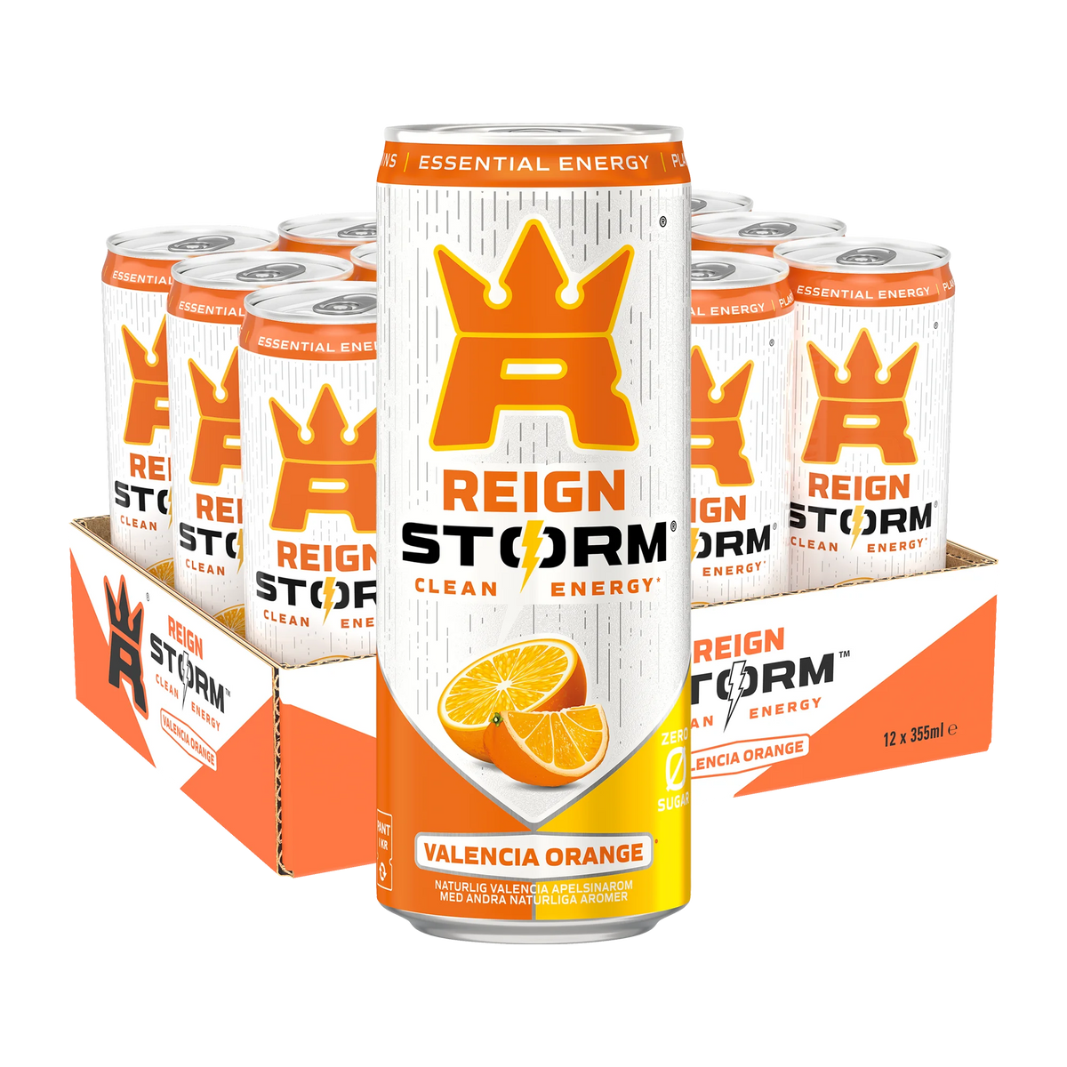 12 x Reign Storm Energy 355 ml Valencia Orange i ett gult och vitt flak med matchande burkar., bild 1 av 1