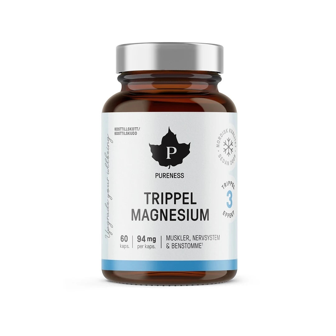 En brun burk med silvrigt lock innehållande Pureness Trippel Magnesium 60 caps kosttillskott med en vit och ljusblå etikett.