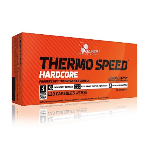 Olimp Thermo Speed Hardcore 120 caps fettförbrännare i en rektangulär orange kartong med svarta och vita textdetaljer., bild 1 av 1