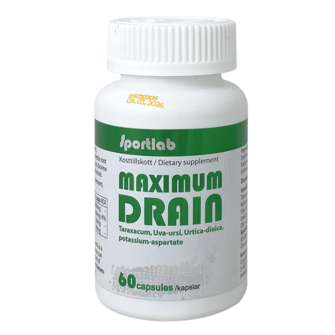 Sportlab Maximum Drain 60 caps, ett vätskedrivande kosttillskott i en vit burk med grön text., bild 1 av 1