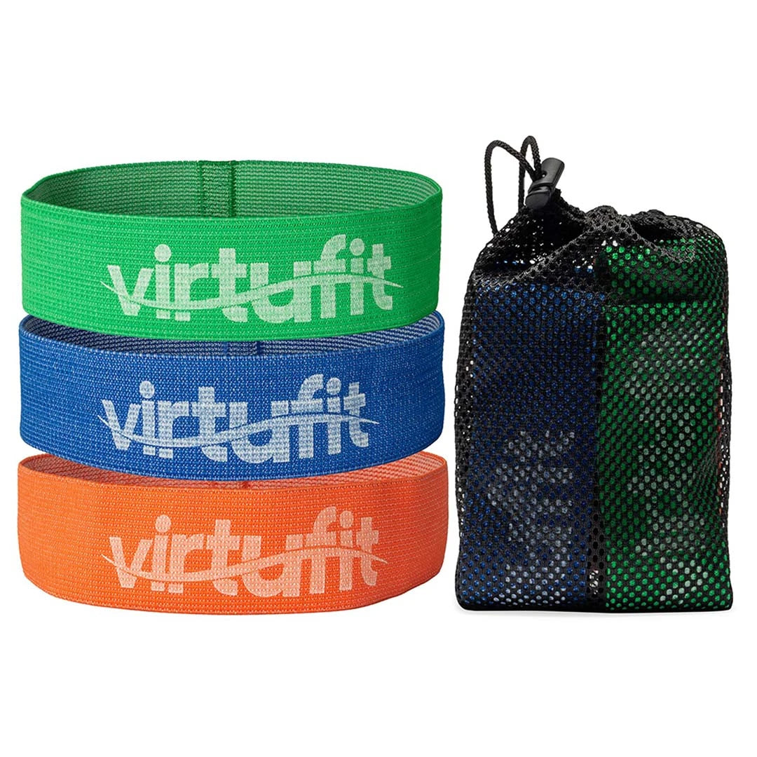 Virtufit Mini Bands Comfort 3-pack, tre träningsband i grön, blå och orange bomull med en svart nätpåse för förvaring., bild 1 av 1