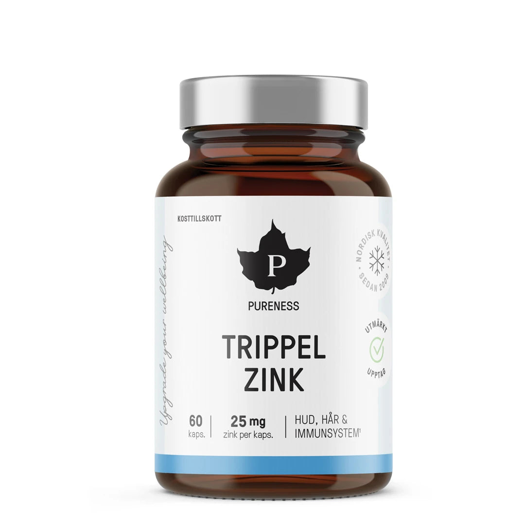 Brun glasburk med Pureness Trippel Zink 60 caps kosttillskott för hud, hår och immunsystem., bild 1 av 1