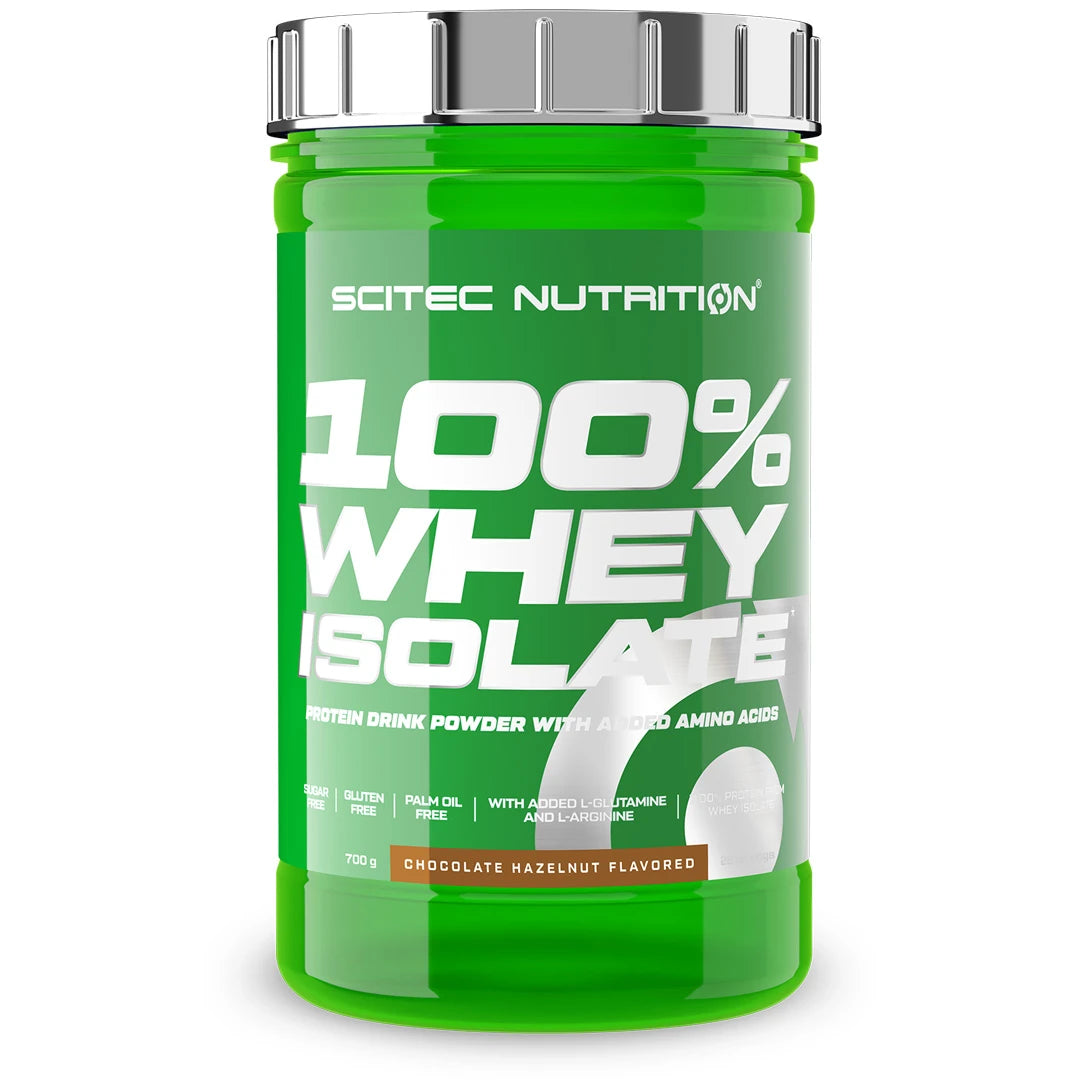 Scitec Nutrition 100% Whey Isolate 700 g proteinpulver i en grön burk med silvrigt lock för smaken Choklad hasselnöt., bild 4 av 7