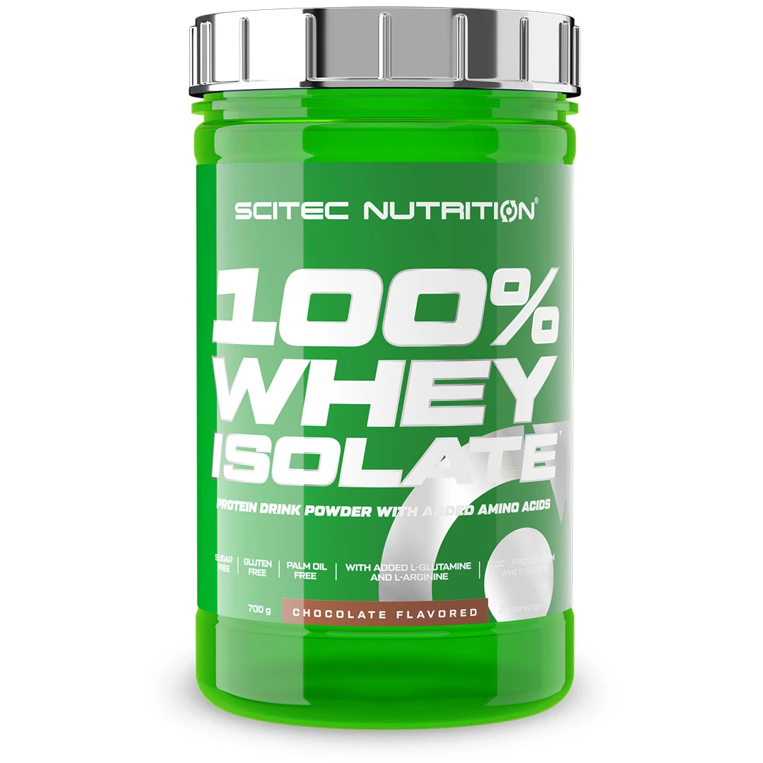 Scitec Nutrition 100% Whey Isolate 700 g proteinpulver i en grön burk med silverfärgat lock för smaken Chocolate., bild 5 av 7