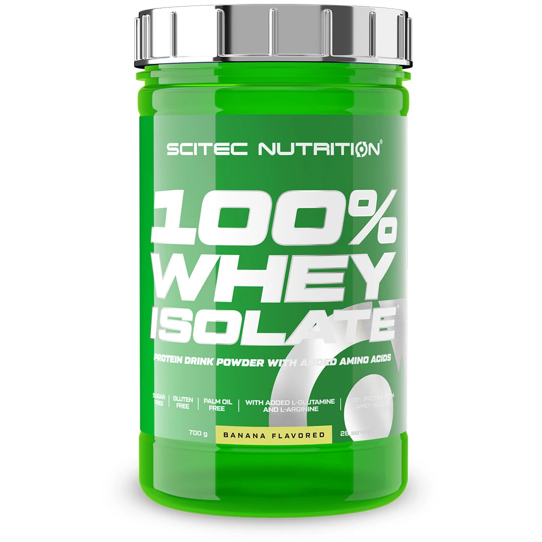Scitec Nutrition 100% Whey Isolate 700 g proteinpulver i en grön burk med silverlock i smaken Banana.
