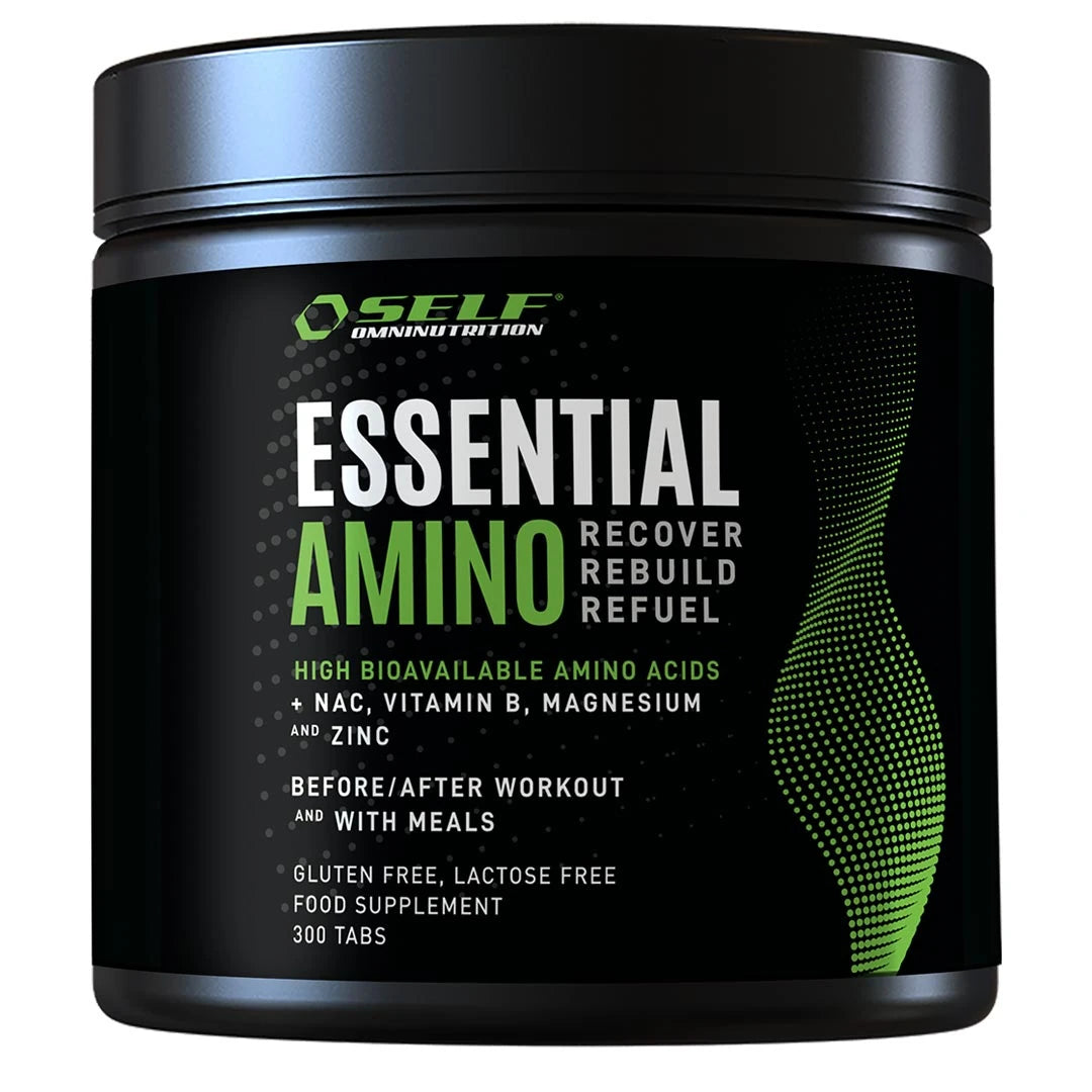 Self Omninutrition Essential Amino 300 tabs aminosyror i en svart burk med gröna detaljer., bild 1 av 1