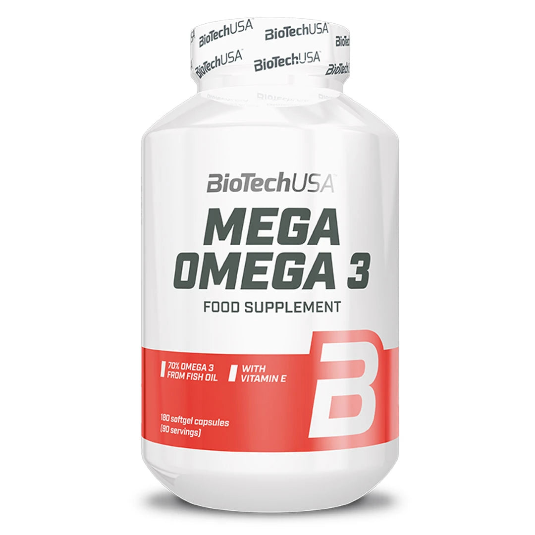 BioTechUSA Mega Omega 3 180 caps förpackad i en vit burk med röd botten och grå text., bild 1 av 1