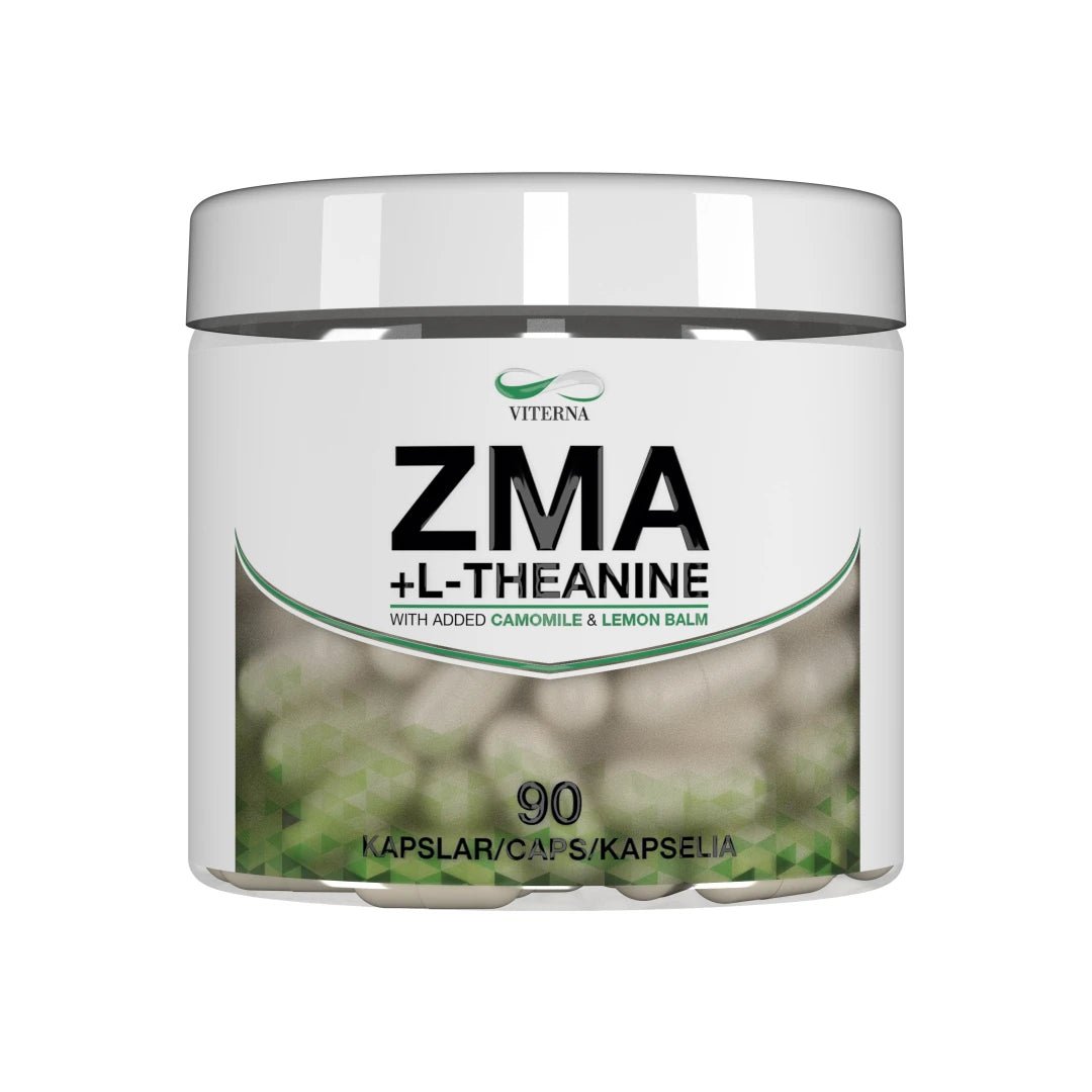 Viterna Vital ZMA + L-Theanine 90cps kosttillskott i en vit burk med gröna detaljer., bild 1 av 1