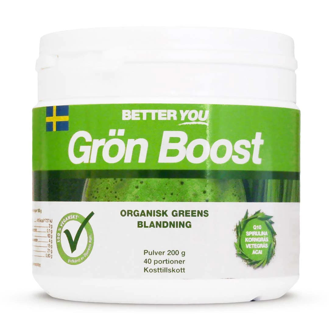 Better You Grön Boost Pulver 200 g, en vegansk greensblandning förpackad i en vit plastburk med grön etikett., bild 1 av 1