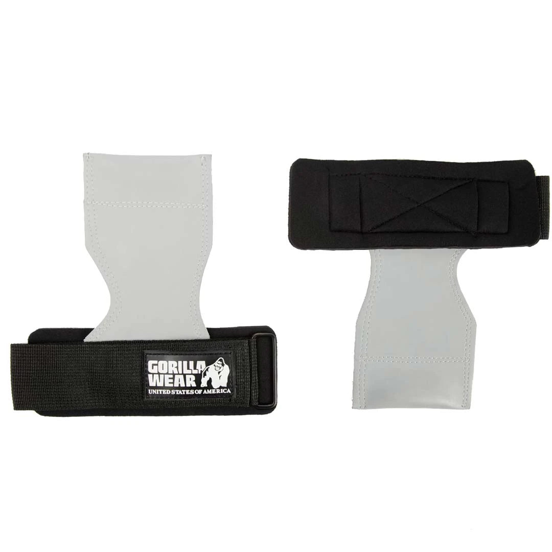 Gorilla Wear Lifting Grips Black/Grey med svarta handledsremmar, kardborrefäste och en grå gummiplatta., bild 1 av 1