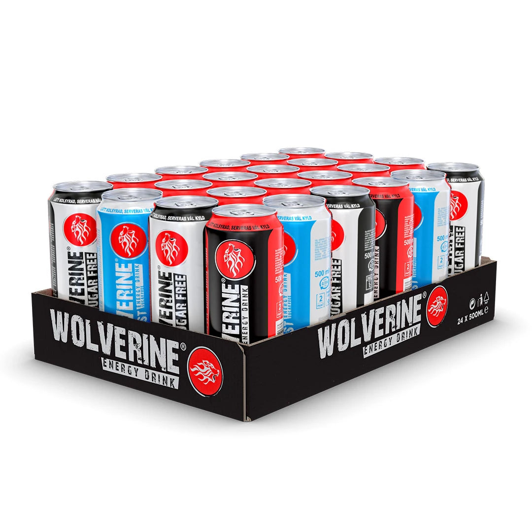 24 x Wolverine Energy Drink 500 ml Mixflak i ett svart flak med energidrycksburkar i färgerna vit, blå, röd och svart., bild 1 av 1