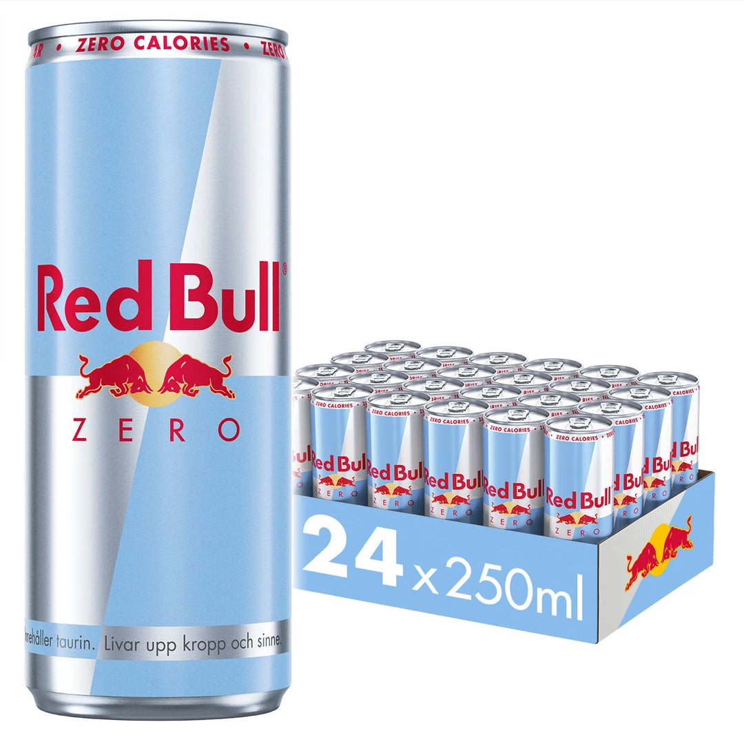 24 x Red Bull Energidryck 250 ml ZERO i ett flak med silver- och ljusblå burkar., bild 1 av 1