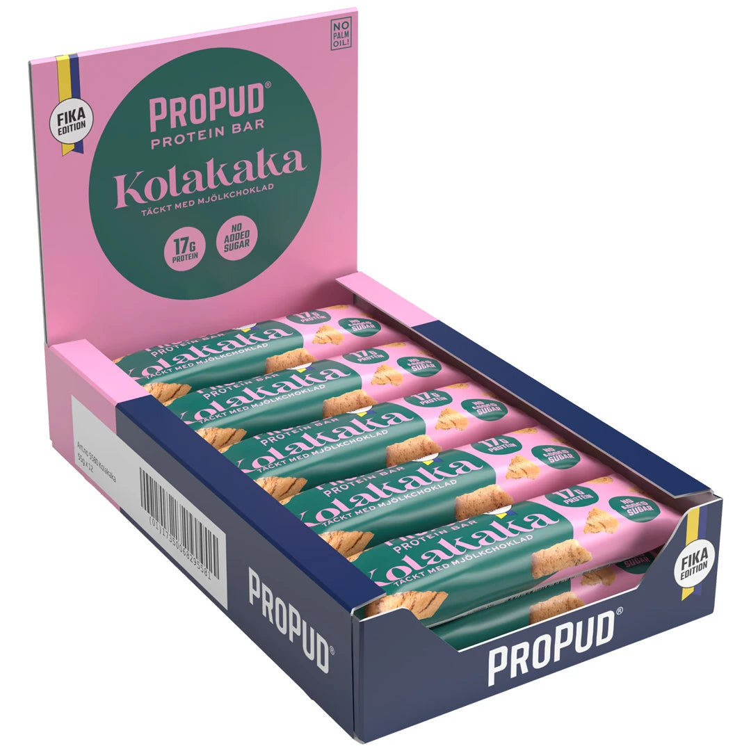 12 x NJIE ProPud Proteinbar 55 g Kolakaka i en rosa och mörkblå displaylåda med matchande bars., bild 1 av 1