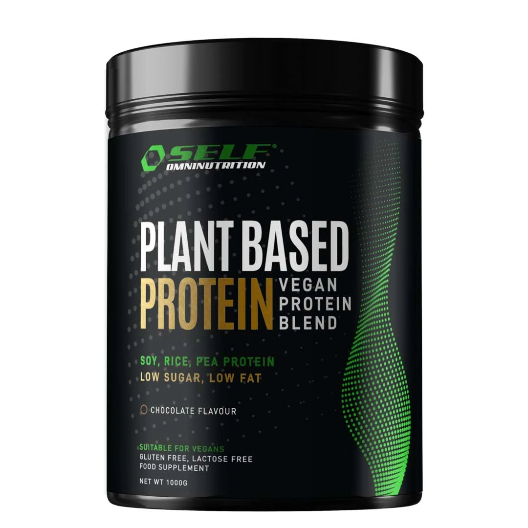 Self Omninutrition Plant Based Protein 1 kg i en svart burk med gröna och vita detaljer, veganskt proteinpulver med chokladsmak., bild 1 av 1