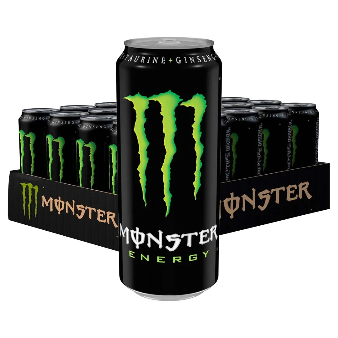 24 x Monster Energy 500 ml Original i ett svart flak med svarta burkar och den klassiska gröna Monster-logotypen., bild 1 av 1
