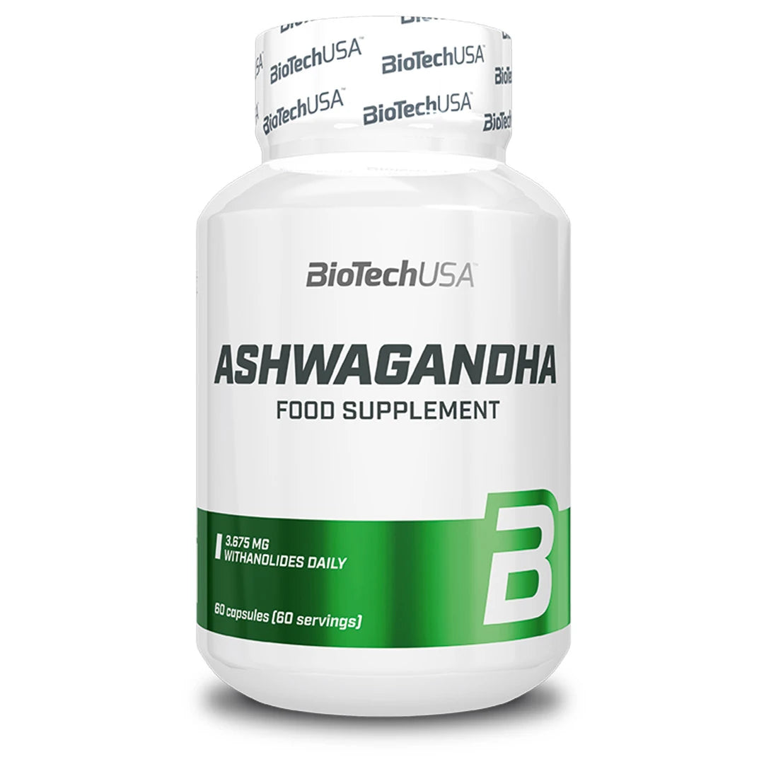 BioTechUSA Ashwagandha 60 caps kosttillskott i en vit burk med gröna detaljer., bild 1 av 1