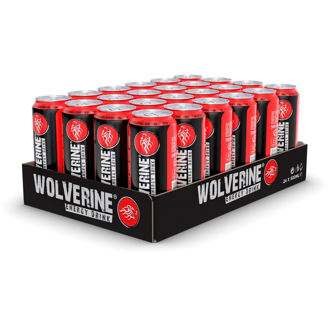 24 x Wolverine Energy Drink 500 ml Original i en svart flakkartong med svarta och röda burkar prydda med en vit lejologotyp., bild 1 av 1