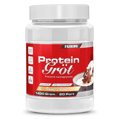 Fairing Proteingröt 1.4 kg, en proteinrik mannagrynsmix i en vit plastburk med röd etikett och smak av vanilj och kanel.