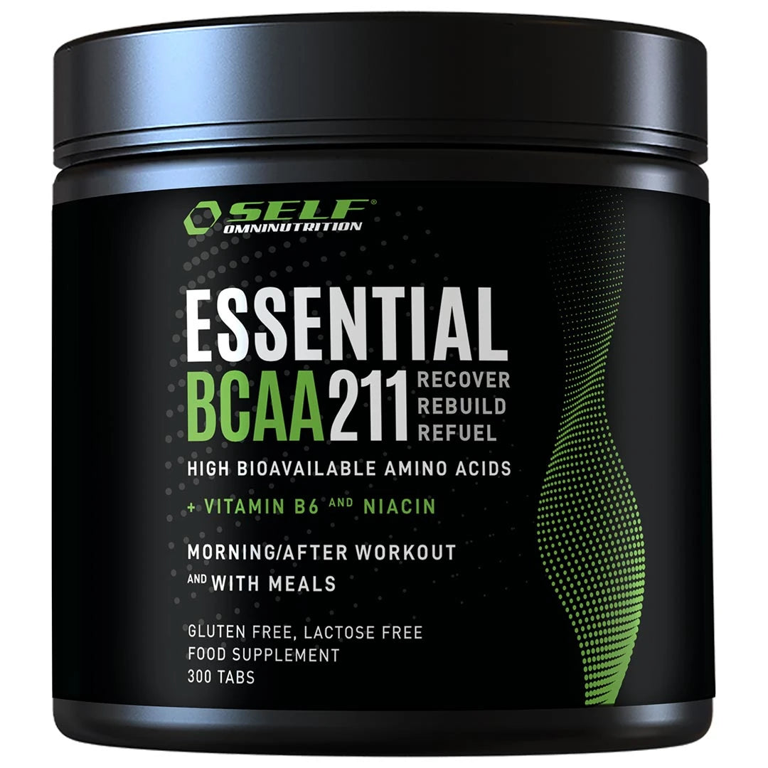 Self Omninutrition Essential BCAA 211 300 tabs aminosyror i en svart burk med vita och gröna grafiska detaljer., bild 1 av 1