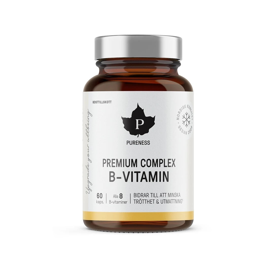 Pureness Premium Complex B-Vitamin 60 caps förpackad i en brun burk med silverlock och vit etikett., bild 1 av 1